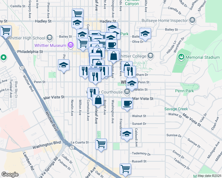 map of restaurants, bars, coffee shops, grocery stores, and more near 7327 Washington Avenue in Whittier