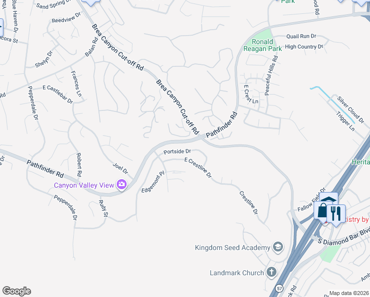 map of restaurants, bars, coffee shops, grocery stores, and more near 20347 Portside Drive in Walnut