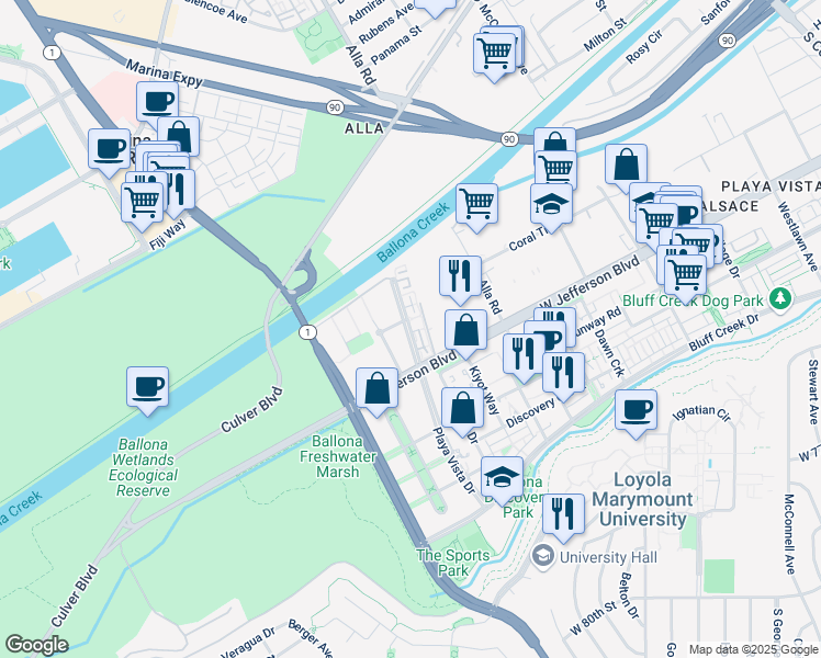 map of restaurants, bars, coffee shops, grocery stores, and more near 2 Playa Vista Drive in Los Angeles