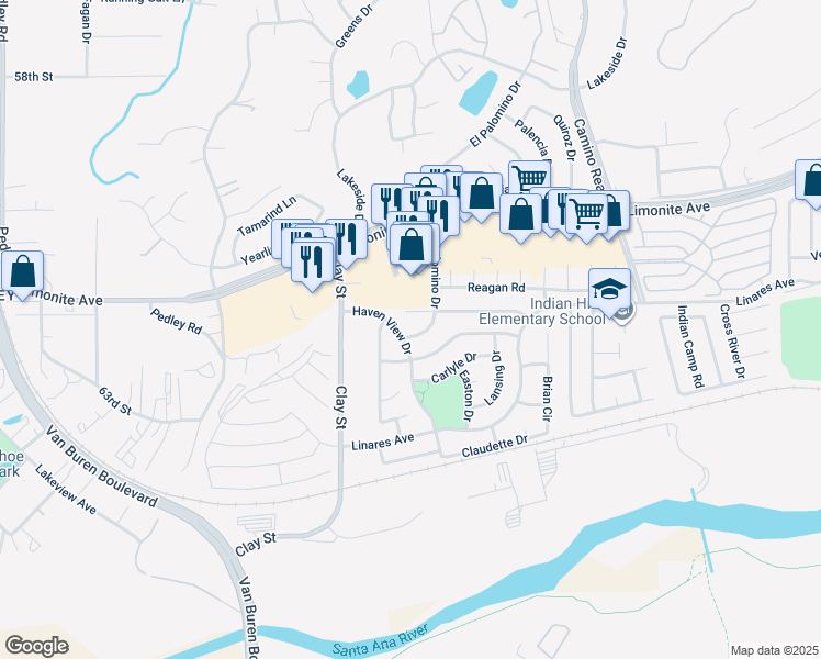 map of restaurants, bars, coffee shops, grocery stores, and more near 6285 El Palomino Drive in Riverside