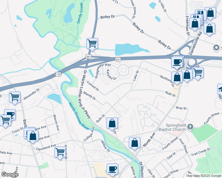 map of restaurants, bars, coffee shops, grocery stores, and more near 325 Conrad Drive in Athens