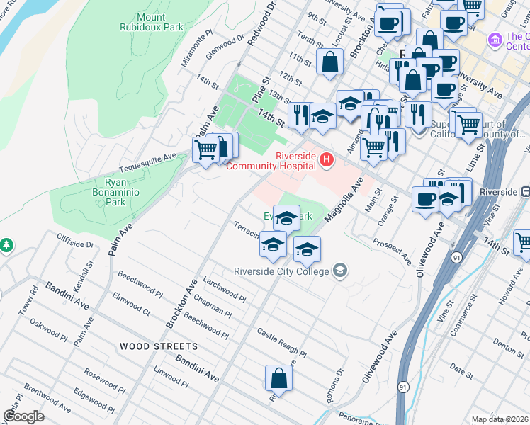 map of restaurants, bars, coffee shops, grocery stores, and more near 3985 Rice Road in Riverside