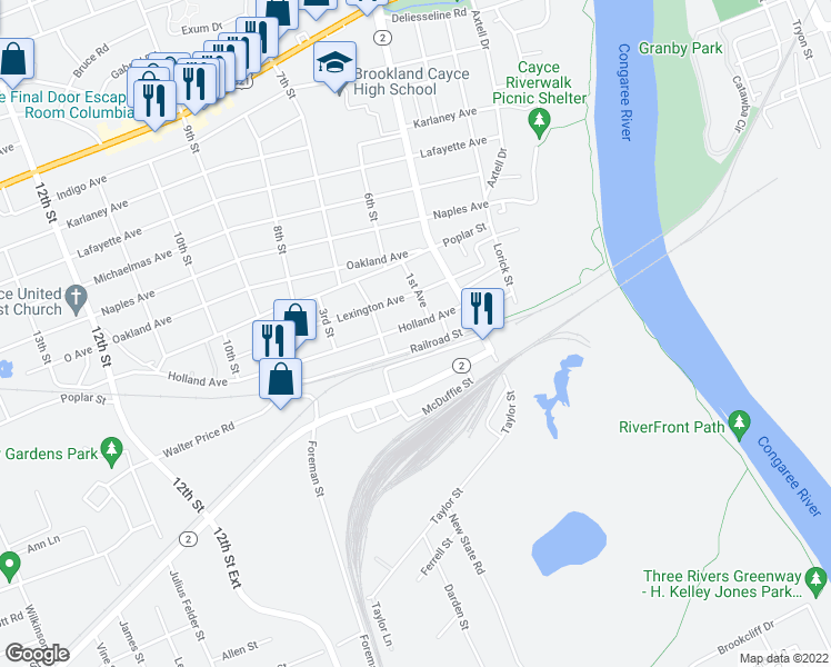 map of restaurants, bars, coffee shops, grocery stores, and more near 613 Holland Avenue in Cayce