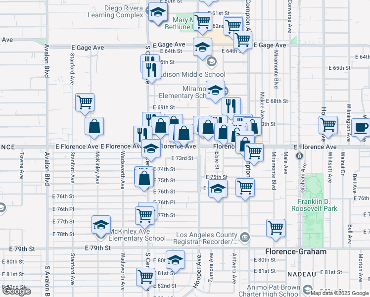 map of restaurants, bars, coffee shops, grocery stores, and more near 1201 East Florence Avenue in Los Angeles