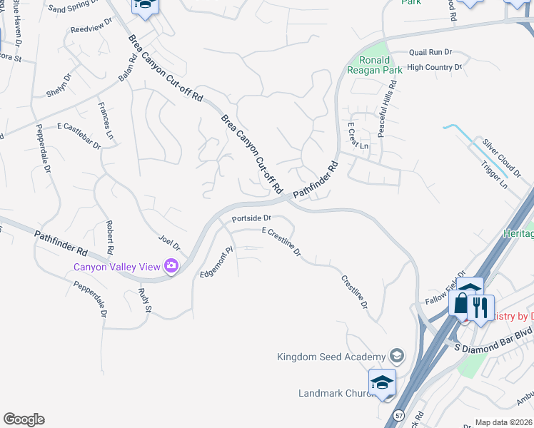 map of restaurants, bars, coffee shops, grocery stores, and more near 20347 Portside Drive in Walnut