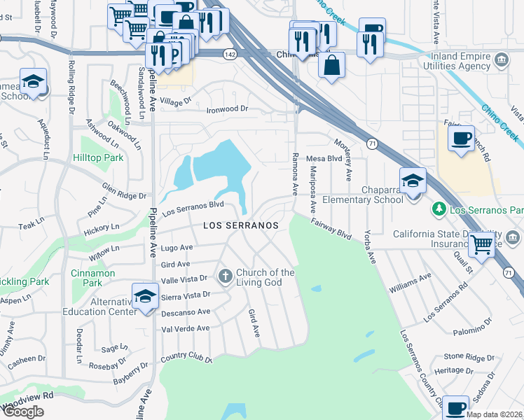 map of restaurants, bars, coffee shops, grocery stores, and more near 4420 Lilac Circle in Chino Hills