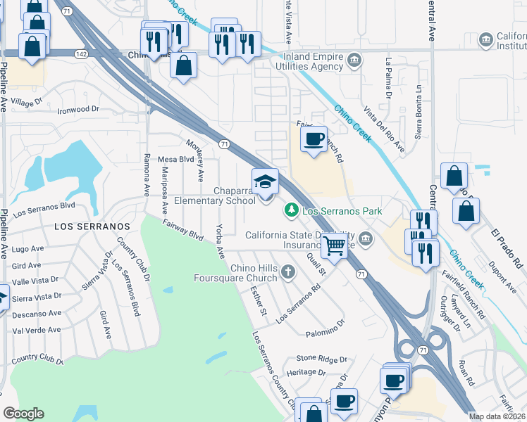 map of restaurants, bars, coffee shops, grocery stores, and more near 4849 Bird Farm Road in Chino Hills