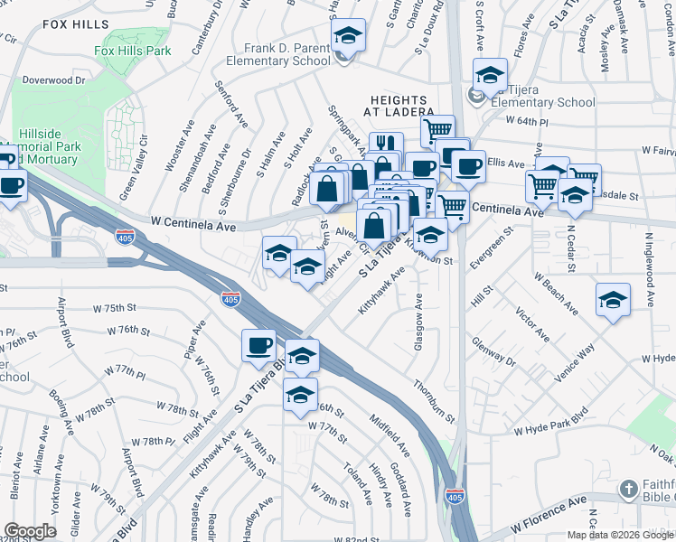 map of restaurants, bars, coffee shops, grocery stores, and more near 7070 Flight Avenue in Los Angeles
