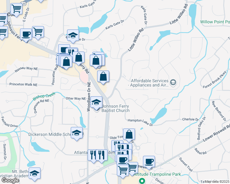 map of restaurants, bars, coffee shops, grocery stores, and more near 4774 Hampton Lake Drive in Marietta