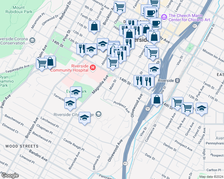 map of restaurants, bars, coffee shops, grocery stores, and more near 4484 Main Street in Riverside