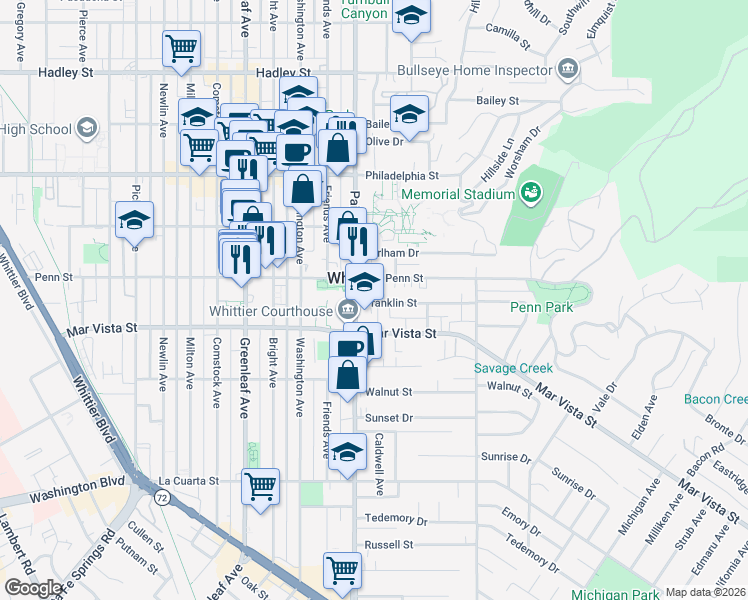 map of restaurants, bars, coffee shops, grocery stores, and more near 13425 Franklin Street in Whittier