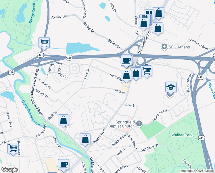 map of restaurants, bars, coffee shops, grocery stores, and more near 485 Ruth Street in Athens