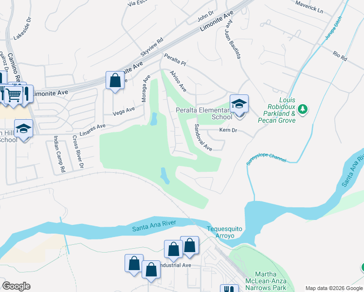 map of restaurants, bars, coffee shops, grocery stores, and more near 6258 Avenue Juan Diaz in Riverside