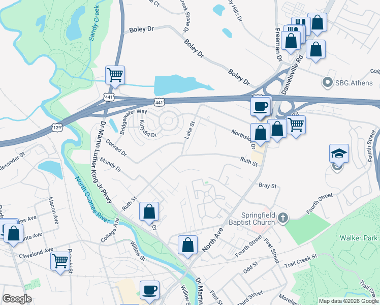 map of restaurants, bars, coffee shops, grocery stores, and more near 116 Lake Street in Athens