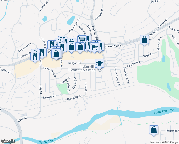 map of restaurants, bars, coffee shops, grocery stores, and more near 6251 Thunder Bay Trail in Riverside