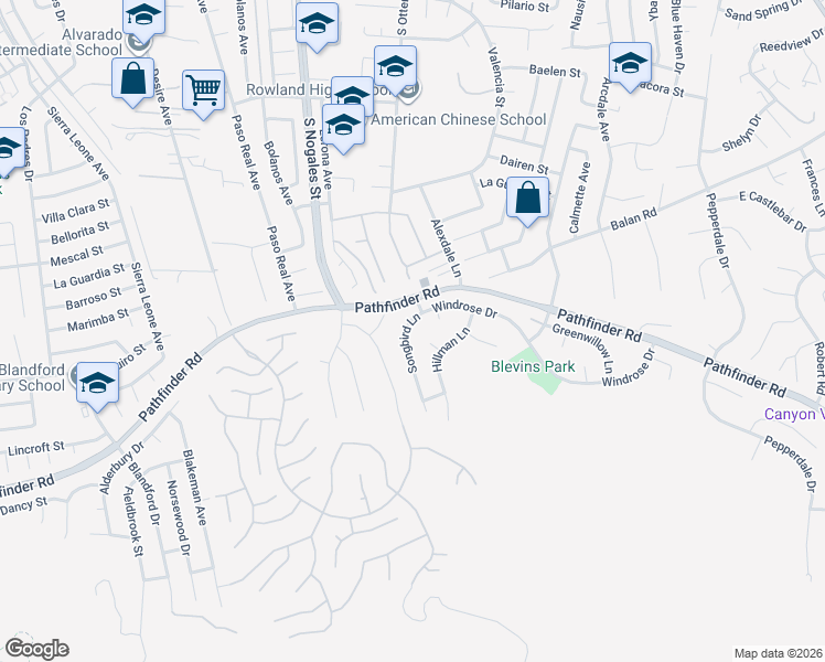 map of restaurants, bars, coffee shops, grocery stores, and more near 2315 Songbird Lane in Rowland Heights