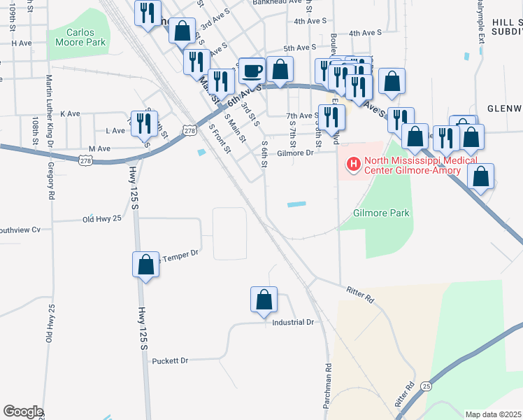 map of restaurants, bars, coffee shops, grocery stores, and more near 900-926 South Main Street in Amory
