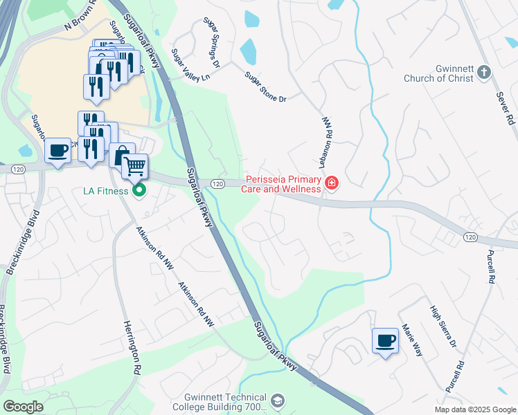 map of restaurants, bars, coffee shops, grocery stores, and more near 1640 Racquet Club Circle Northwest in Lawrenceville
