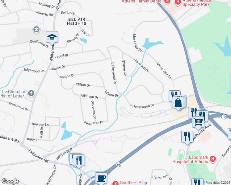 map of restaurants, bars, coffee shops, grocery stores, and more near 150 Ashton Drive in Athens