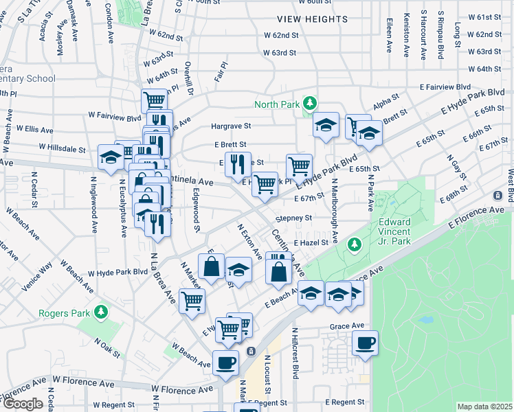 map of restaurants, bars, coffee shops, grocery stores, and more near in Inglewood