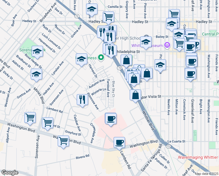 map of restaurants, bars, coffee shops, grocery stores, and more near 12222 Blue Sky Court in Whittier