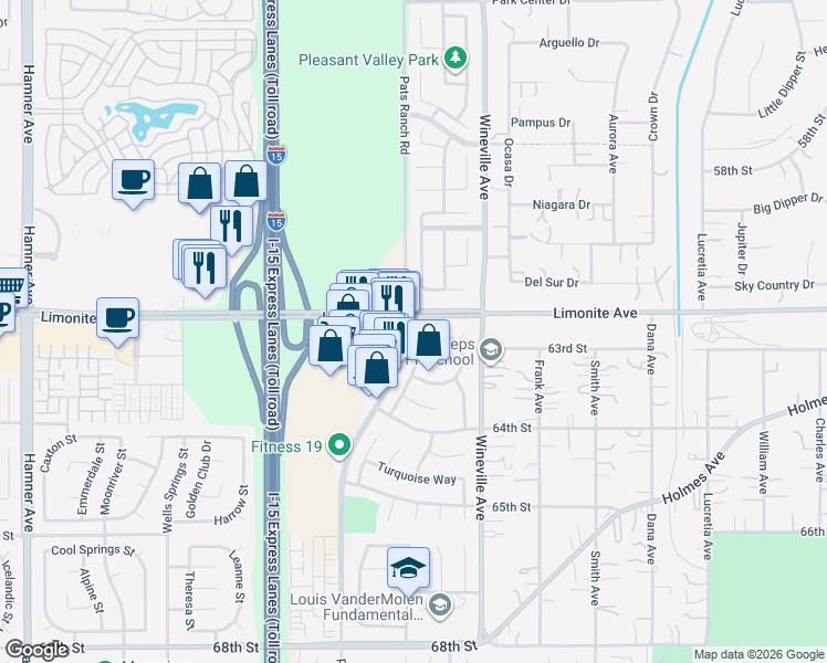 map of restaurants, bars, coffee shops, grocery stores, and more near 6221 Ruby Crest Way in Jurupa Valley