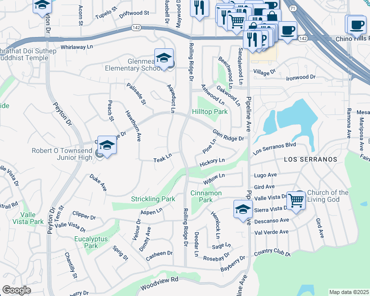 map of restaurants, bars, coffee shops, grocery stores, and more near 15335 Rolling Ridge Drive in Chino Hills