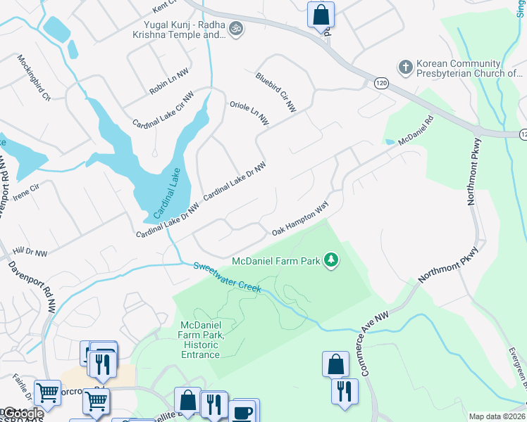 map of restaurants, bars, coffee shops, grocery stores, and more near 3071 Oak Hampton Court Northwest in Duluth