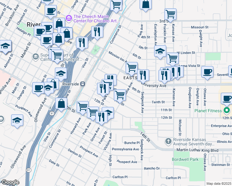 map of restaurants, bars, coffee shops, grocery stores, and more near 2775 Tenth Street in Riverside