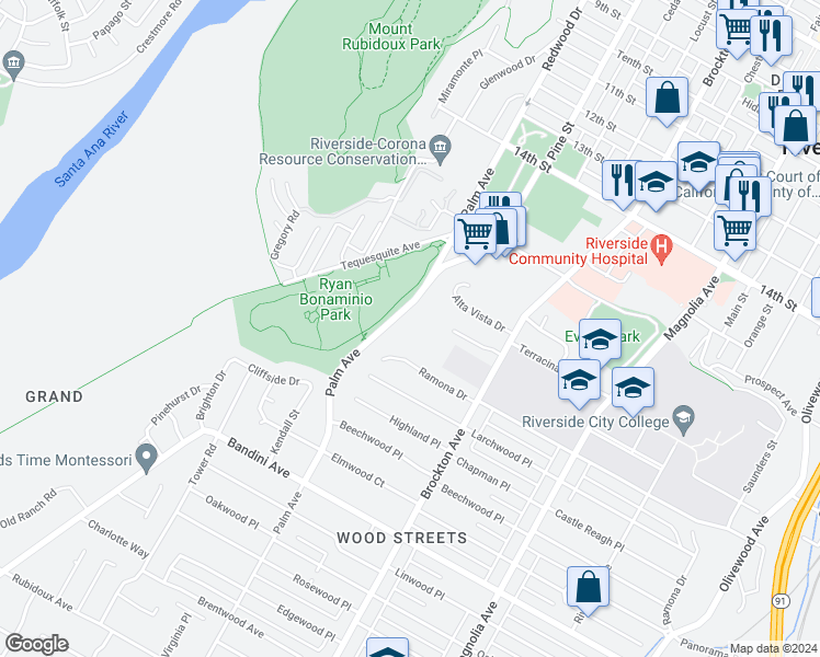 map of restaurants, bars, coffee shops, grocery stores, and more near 4800 Palm Avenue in Riverside