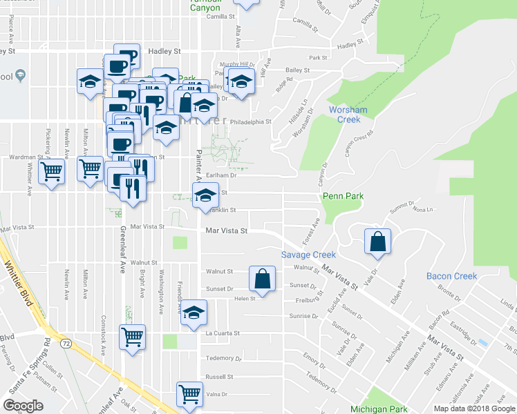 map of restaurants, bars, coffee shops, grocery stores, and more near 13716 Penn Street in Whittier