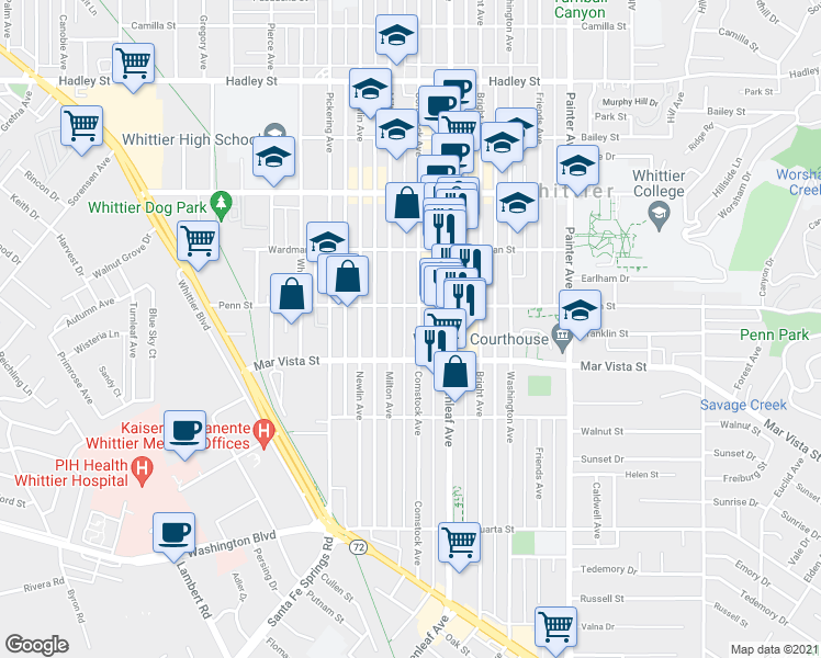 map of restaurants, bars, coffee shops, grocery stores, and more near 7312 Milton Avenue in Whittier