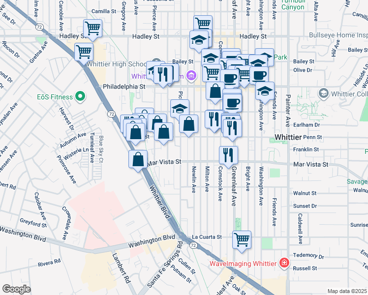 map of restaurants, bars, coffee shops, grocery stores, and more near 12512 Penn Street in Whittier