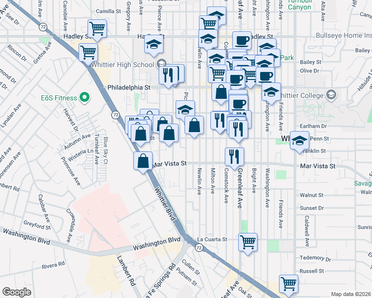 map of restaurants, bars, coffee shops, grocery stores, and more near 12512 Penn Street in Whittier