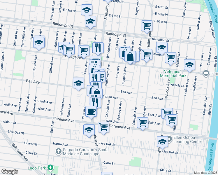 map of restaurants, bars, coffee shops, grocery stores, and more near 6637 King Avenue in Bell
