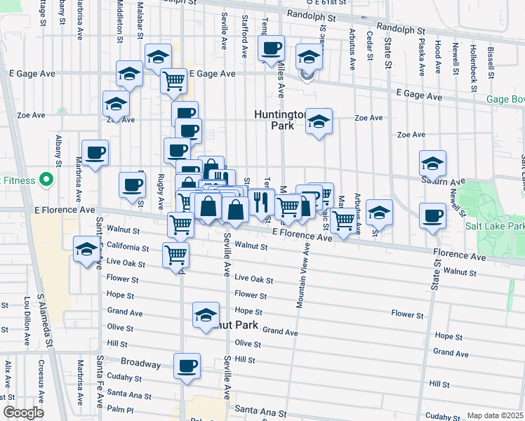 map of restaurants, bars, coffee shops, grocery stores, and more near 7118 Stafford Avenue in Huntington Park
