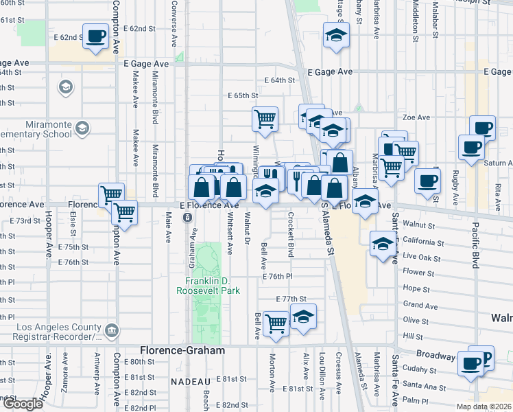 map of restaurants, bars, coffee shops, grocery stores, and more near 1901 East Florence Avenue in Los Angeles