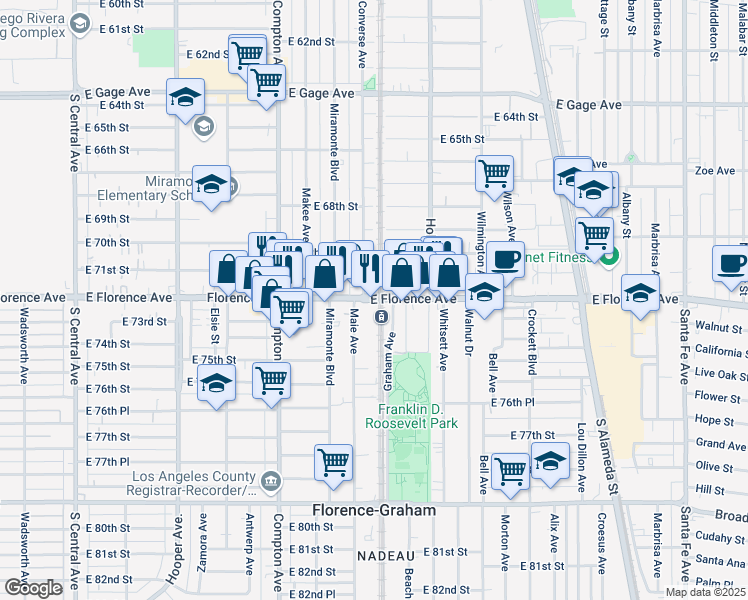 map of restaurants, bars, coffee shops, grocery stores, and more near 1667 East Florence Avenue in Los Angeles