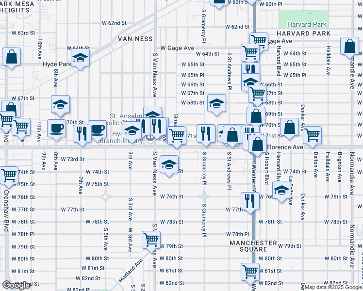 map of restaurants, bars, coffee shops, grocery stores, and more near 2063 West Florence Avenue in Los Angeles