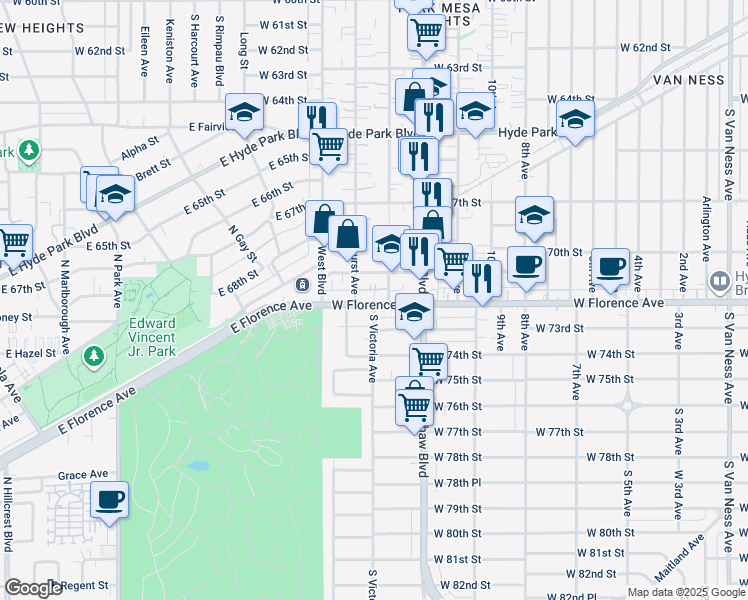 map of restaurants, bars, coffee shops, grocery stores, and more near 3519 West Florence Avenue in Los Angeles