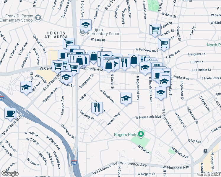 map of restaurants, bars, coffee shops, grocery stores, and more near 914 North Cedar Street in Inglewood