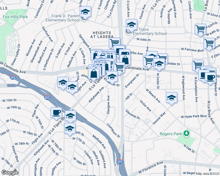 map of restaurants, bars, coffee shops, grocery stores, and more near 6921 Kittyhawk Avenue in Los Angeles