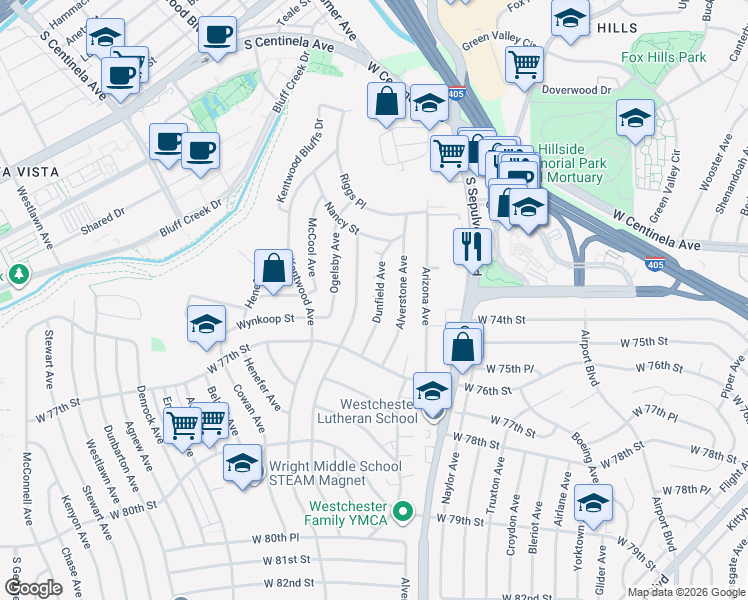 map of restaurants, bars, coffee shops, grocery stores, and more near 7326 Dunfield Avenue in Los Angeles
