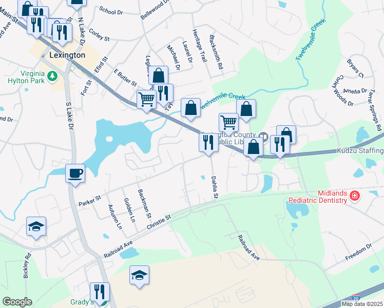 map of restaurants, bars, coffee shops, grocery stores, and more near 108 Thunder Road in Lexington