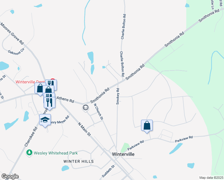 map of restaurants, bars, coffee shops, grocery stores, and more near 170 Smithonia Road in Winterville