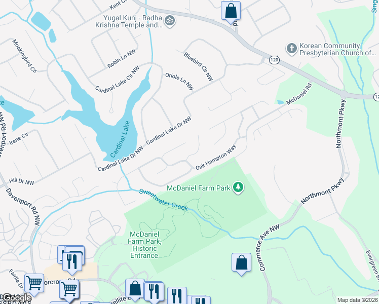 map of restaurants, bars, coffee shops, grocery stores, and more near 3071 Oak Hampton Court Northwest in Duluth
