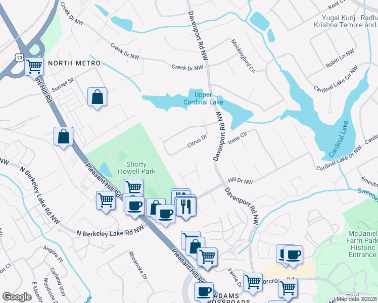 map of restaurants, bars, coffee shops, grocery stores, and more near 3561 Citrus Drive Northwest in Duluth