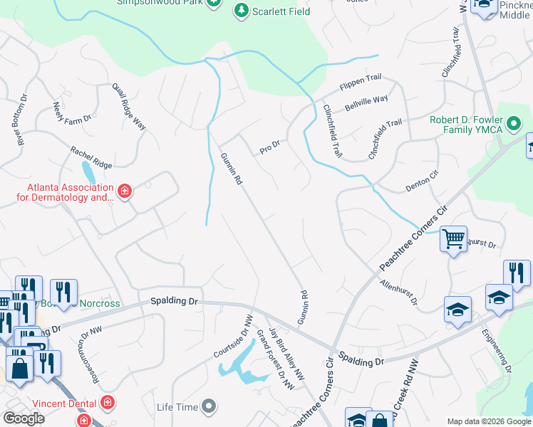 map of restaurants, bars, coffee shops, grocery stores, and more near 4071 Gunnin Road in Peachtree Corners
