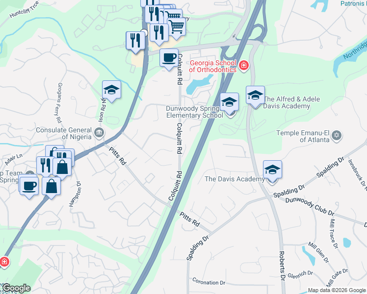 map of restaurants, bars, coffee shops, grocery stores, and more near 8165 Colquitt Road in Sandy Springs