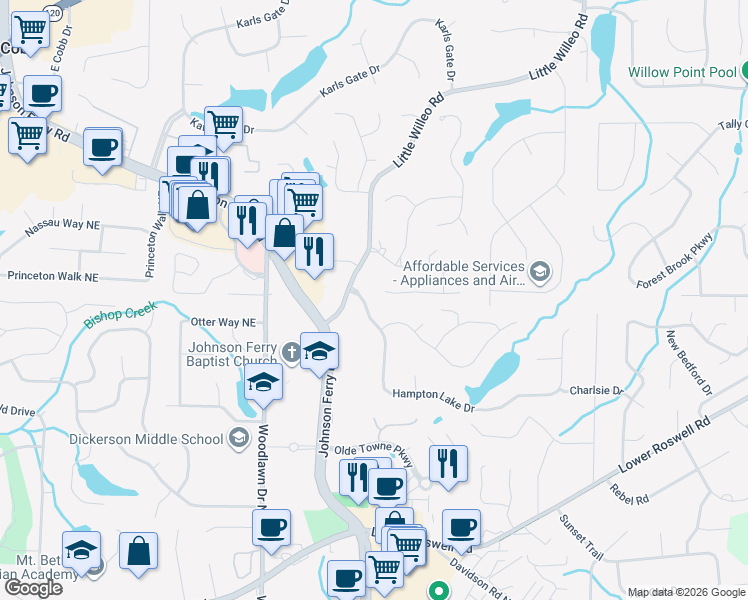 map of restaurants, bars, coffee shops, grocery stores, and more near 4917 Gaskin Walk in Marietta